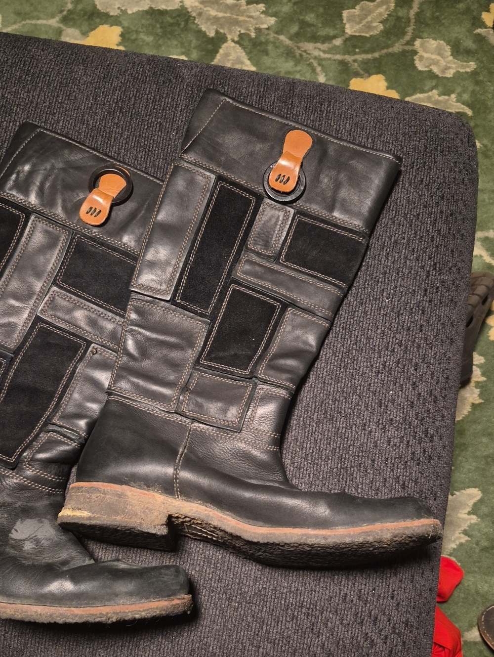 Timberland Black Patchwork Leather Tall Boots with Tan Pull Tabs